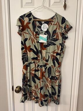 Umgee Sage Green Floral V-Neck Romper Dress with Rust & Navy Print